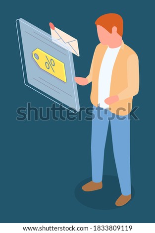 Customer received income message with discount, promotional action, spam message, isometric 3d guy look at email, sale offer at things, goods, clothes, coupon propose to save money, percent symbol