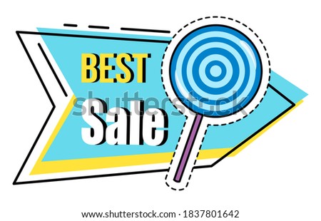 Best sale banner. Discount poster template. Big sale special offer with inscription and lollipop sweet candy in blue colors. Super sale best price and super quality advertising poster illustration