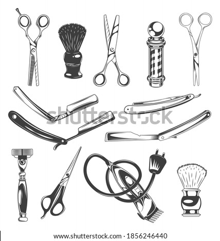 Set of barbershop tools, instruments, symbols. Different scissors for cutting hair, shaving brush, barber's pole, sharp razor blades for beard, shaver, electric razor. Barber professional equipment