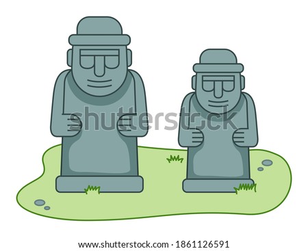 Stone sculptures in human body form in Stone park. Stone statue of dol hareubang tourist attraction on Jeju Korean island illustration. Travel to South korea. Welcome to Jeju island. Vacation in Asia