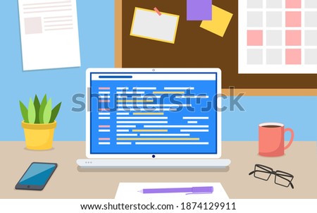 Digital java code text. Computer software coding concept. The smartphone lies next to the laptop. Information table in the background vector illustration. Black rimmed glasses are on the table