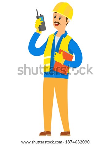 Contractor talking in walkie talkie, man manager wearing vest, helmet and gloves, builder or engineer holding radio set and paper report, building vector