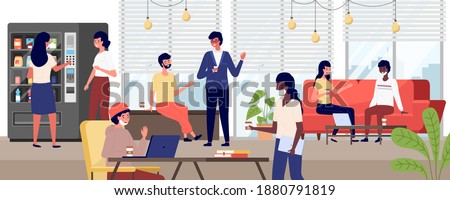 Group of people taking coffee break. Girls are buying food from vending machine. Office employees spend time together vector illustration. Colleagues drink and communicate with each other at work