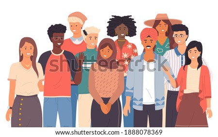 Multinational people group smiling, close up. Friendly people wave. Say hello in different languages. Native speakers, friendly men and women cartoon characters. Flat vector image isolated on white