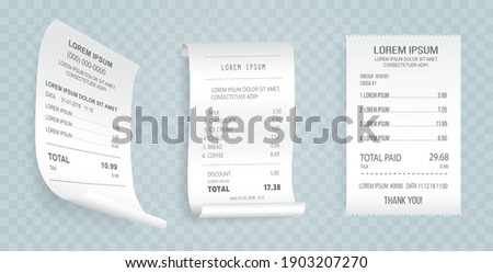 Payment check isometric set. Buying financial invoice bill purchasing calculate pay vector isolated. Receipt the seller forms at the online checkout for transfer to the buyer or client, paper piece