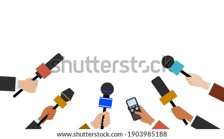 Hands are holding colorful microphones. Correspondents interview with special equipment. People holdinf devices for recording a human voices. Different microphones isolated on white background