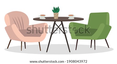 Two armchairs and a small table with coffee cups. Living room furniture design, modern home interior elements vector. Contemporary furniture for living room or home office. Modern chiar place to relax