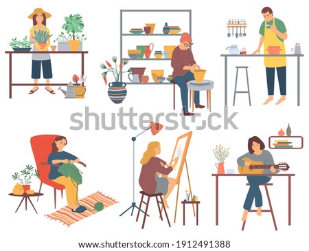 People playing guitar and knitting vector, hobby set of person woman gardening, pottery and cooking. Interest drawing pictures on canvas with brushes set