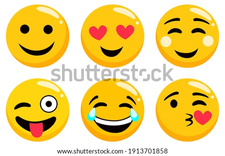 Yellow emoji set isolated on white. Emoticons or emotional icons. Cute smiling, happy and crying, kissing and laughing. Heart eyes, showing tongue round face expression flat design vector illustration