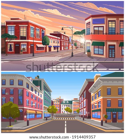 Street of town day and evening time lighting, historic urban area with trees and streetlights. Cityscape with vintage brick buildings, road with crosswalk and pedestrian walkway cartoon illustration