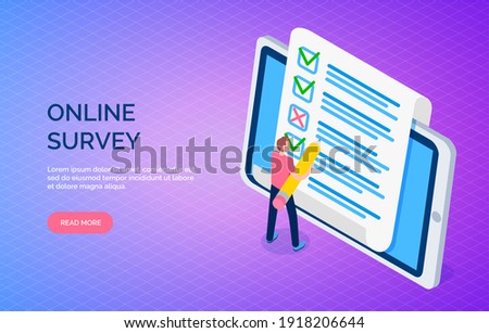 Online survey landing page template with man makes marks in list. Customer service feedback on phone. Student fills out questionnaire on tablet. Sociological research collecting opinion of respondents