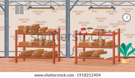 Racks with boxes and color containers cans with dyes in printing house room vector illustration. Cardboard containers stand on shelves in modern typography or print office near brick wall