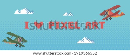 Title I love pixel art flat vector illustration. Retro 8-bit game logo and interface design layout. Air transport flying in sky. Colored propeller helicopters for video game. Pixel art image