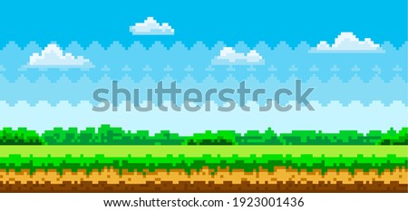Pixel-game background. Pixel scene with green grass and forest in distance against blue sky with clouds, pixelated template for computer game or application. Flat nature landscape vector illustration
