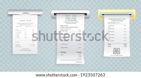 Payment check paper document poked out of cash register. Buying financial invoice bill purchasing calculate pay. Receipt the seller forms at online checkout for transfer to buyer. ATM receipt check
