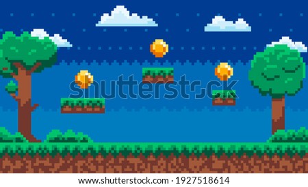 Pixel-game background with coins in sky at night. Pixel art game scene with green grass and tall trees against blue sky and pixelated golden money. Pixel style forest landscape vector illustration