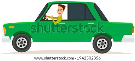 Lada, sedan, passenger car with screaming driver. Angry man driving green car vector illustration