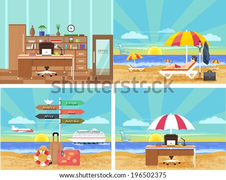 Icons set of traveling, planning a summer vacation, tourism and journey objects and passenger luggage in flat design. Different types of travel. From office in vacation. Office on a beach