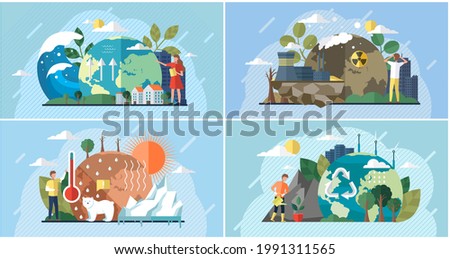 Set of illustrations about impact of human activity on environment. People use planet natural resources and try to protect Earth. Raising global temperature, climate change, ecology problems awareness Foto stock © 