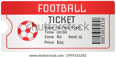 Football ticket card modern design. Invitation to football match to sports stadium to competition. Permission to enter soccer tribune for spectators to tournament. Fan ticket to sports match