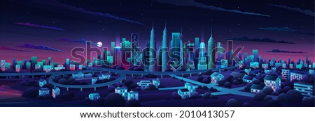 Simple flat illustration of Kuala Lumpur city in Malaysia and skyline landmarks. Panorama cityscape of middle Kuala Lumpur. Famous buildings and landmarks included Malaysia. City center night time