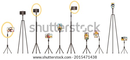 People broadcasting, video blog, stream on smartphone. Live streaming vector illustration. Online program, streaming live, podcast on phone. Set of smartphones on tripods with podcast on screen