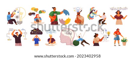Mind behavior concept. Creative thinking. People with different mental mindset types or models creative. Abstract inner thought process and emotional activity. Personality and mental mindset types
