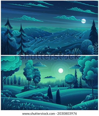 Night in forest, vector cartoon illustration. Hills and tall trees, pine forest on horizon lush bushes, clouds in starry sky. Beautiful nighttime landscape. Green plant and grass rural land background