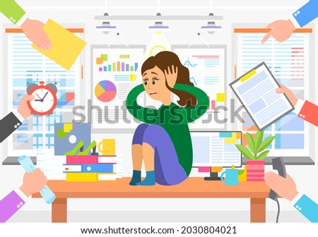 Deadline business concept, fear of a lot of work. Businesswoman is afraid of multitasking. Scared woman sitting on table holding her head with hands in awe. Female in stress cause of many errands Foto stock © 
