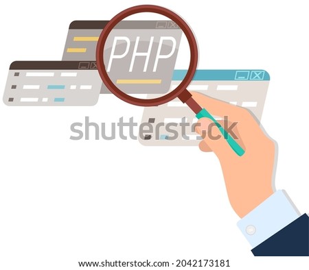 Learn to code PHP web programming language with script code on webpage on screen web development. Writing API and interface code. Programmer working in virtual program, computer laptop script