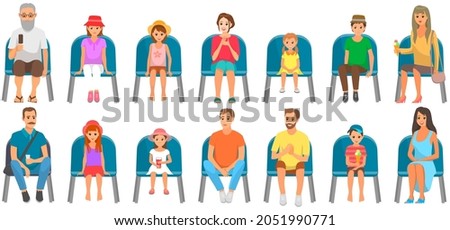 People sitting on chairs and watching show. Cartoon characters on seats looking at performance. Audience, spectators sitting on viewer places. Men and women in auditorium vector illustration Stock foto © 