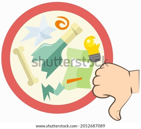 Garbage symbol. Do not litter sign. Trash icon with dirty trash, broken bottles in red circle. Logo on white background with human hand showing dislike or disagreement with thumb down, condemnation