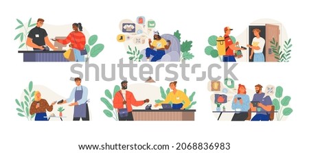 People pay for purchases with credit, debit card. Set of illustrations about contactless payment in store. Ordering goods and paying online. Possibility of cashless pay via terminal concept