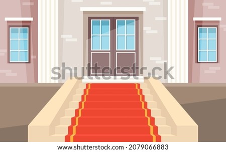 Red carpet and pedestal for rewarding ceremony. Decorated stairs for star guests of event. Red carpet velvet at entrance to building. Staircase for celebrity welcome ceremony vector illustration