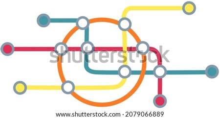 Scheme of metro stations. Plan of subway with colorful lines. Fictional metro map of underground. Layout of public passenger transport routes. Subway train tracks plan isolated on white background