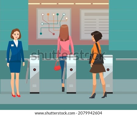 Access control equipment for metro station. People pass access turnstiles with magnetic card. Lady at automatic checkpoint passes subway inspector. Woman examining plan of subway station lines