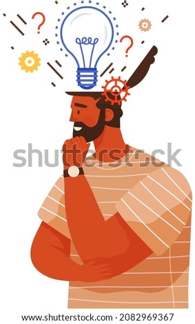 Human head open with color question mark, gear, light bulb. Dealing with poblem and finding solution concept. Man creates new idea, solves issues. Violent brain activity, creating optimal solution