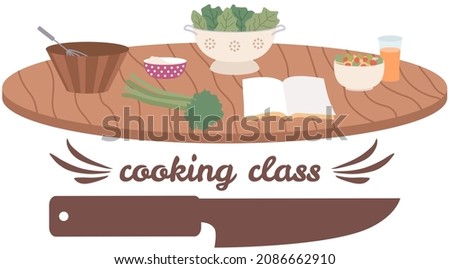 Premium cooking class design elements. Kitchen emblem, food studio label. Culinary school badge. Hand drawn lettering for cooking masterclass. Process of food preparation, ingredients for dish concept