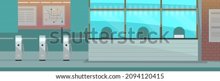 Railway station waiting hall and cashier ticket desk office. Transporting people in underground subway. Empty ticket office of metro station. Sale of public transport passes vector illustration