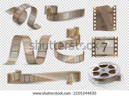 Cinema movie and photography 35 mm film strip template, vector flat element in vintage style. Cinema strip isolated icon set with recorded film on tape, cinematography retro photo roll with frames