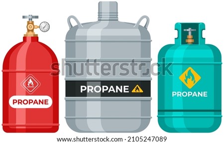 Set of gas cylinders, canisters with fuel, storage. Balloons with flammable signs and manometers. Metal tanks with liquefied compressed petroleum. Pressurized gas cylinders, storage for propane 商業照片 © 