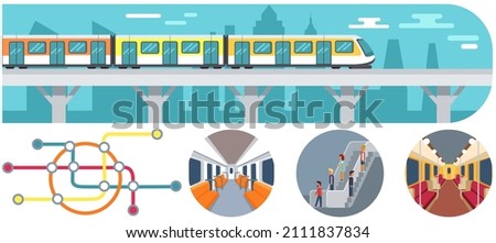 Public transport flat infographic diagram with tramway underground metro. Subway poster mockup with subway lines plan, underground and ground transportation passengers. Design of metro scheme