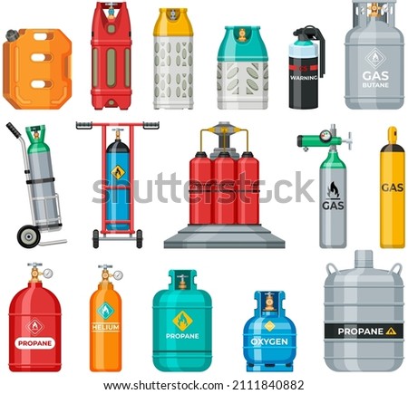 Set of gas cylinders, canisters with fuel, aerosol cans. Metal containers with liquefied compressed helium, oxygen, propane. Different pressurized gas cylinders, storage for liquid vector illustration