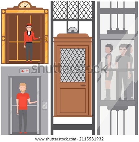 Hotel lift cabine, retro and modern elevators with passengers set. Single cabins with lifting mechanism. Elevator for transporting people. Mechanical hoist, passenger transport vector illustration