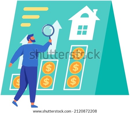 Person analyzing results of project. Man holding magnifying glass tool to zoom data and look closer. Businessman examining real estate investment plan. Real estate value growth vector illustration