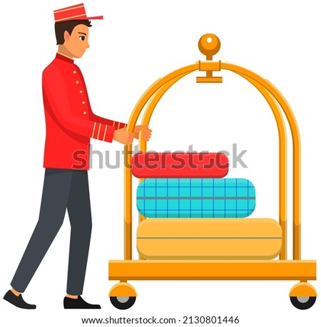 Bellboy worker with hotel baggage trolley. Handtruck for transportation of luggage. Hotel employee in uniform during work. Young man working as doorman. Doorkeeper, receptionist, porter illustration
