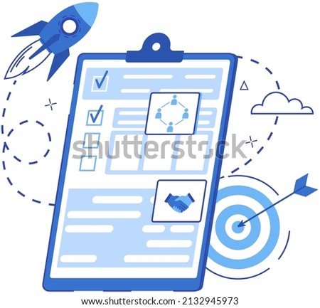 Business intelligence concept vector background illustration with various items and symbols, clip board with plan or list, space ship, business man handshake, paper document for an analytical meeting