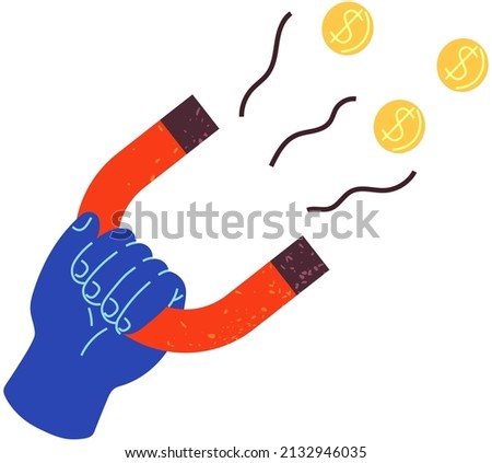 Hand holding magnet with lightning magnetize golden coins. Device attracting iron or steel objects. Magnetisation of money, finance, gold. Magnet with magnetic field in human hand vector illustration