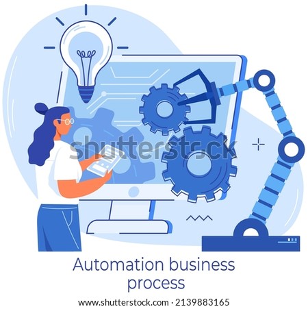 Industrial automated arm for business process automation. Production machine, mechanical industrial automate. Businesswoman working with business automation, modern technical equipment for startup