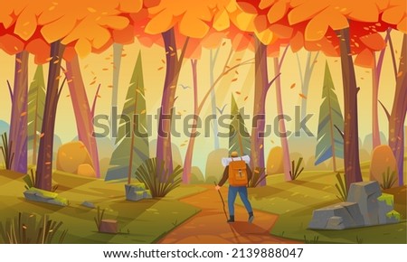 Hiker man in forest during trip with tent vector illustration. Journey, vcation, outdoor recreation concept. Traveler with backpack goes on hiking tour. Guy tourist travels through autumn forest